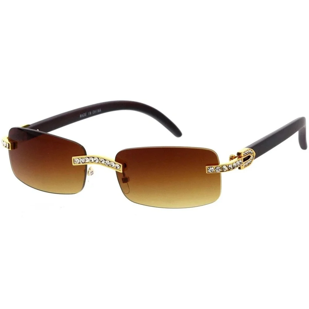 Rimless Sunglasses Gold Rhinestone Wood Arms Brown Lens Men Hip Hop Square Style